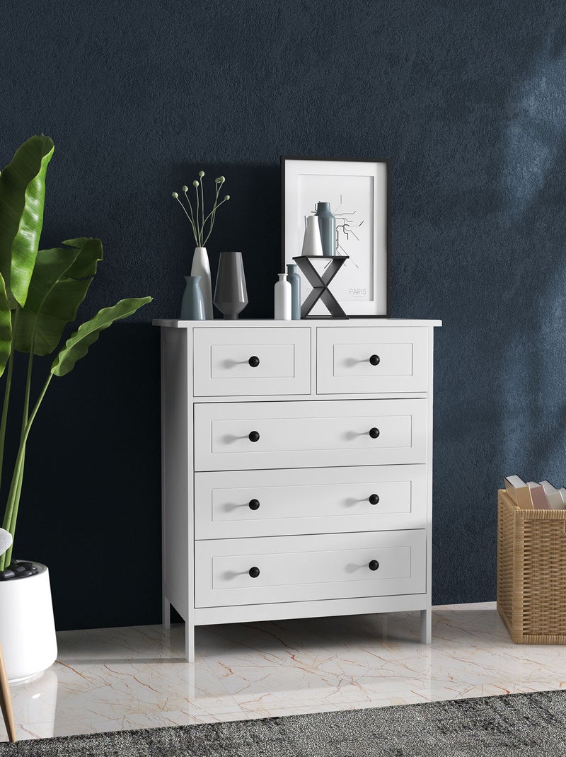 Commode 5 tiroirs poignées boutons métal noir MDF panneaux blanc Blanc Blanc - Kiabi