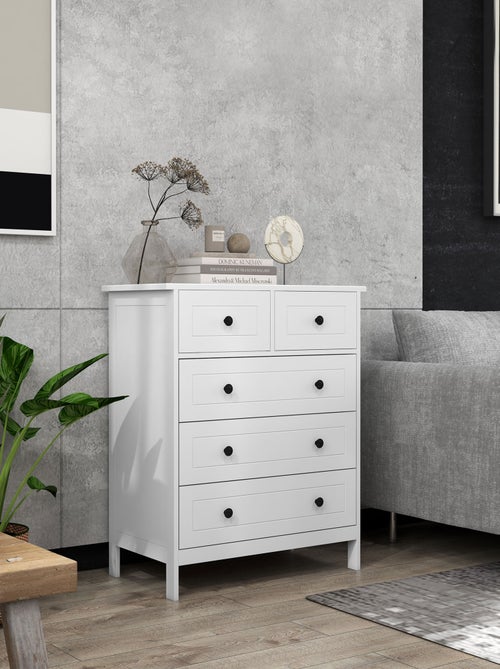 Commode 5 tiroirs poignées boutons métal noir MDF panneaux blanc - Kiabi