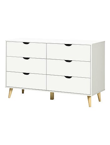 Commode 6 tiroirs design scandinave bois pin panneaux blanc