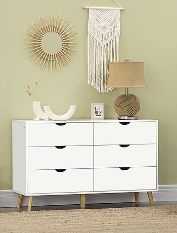 Commode 6 tiroirs design scandinave bois pin panneaux blanc