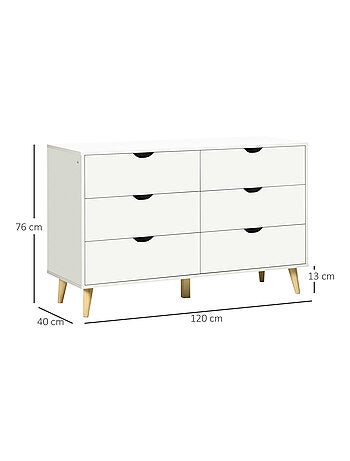 Commode 6 tiroirs design scandinave bois pin panneaux blanc