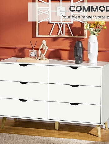 Commode 6 tiroirs design scandinave bois pin panneaux blanc