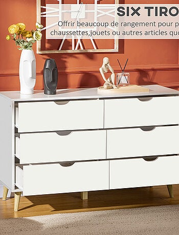 Commode 6 tiroirs design scandinave bois pin panneaux blanc