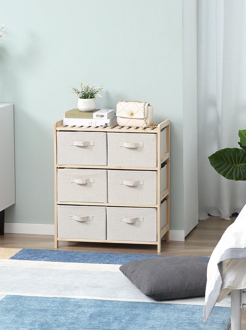 Commode 6 tiroirs tissu polyester beige bois sapin - Kiabi