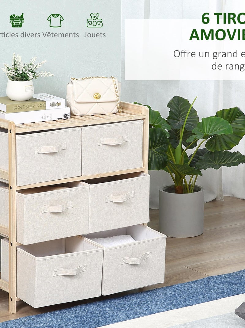 Commode 6 tiroirs tissu polyester beige bois sapin Beige - Kiabi