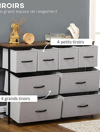 Commode 8 tiroirs - structure acier noir tissu pliant gris