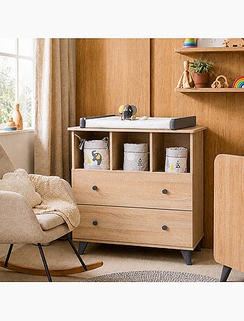 Commode à langer 2 tiroirs et 3 niches décor bois chêne - SAUTHON