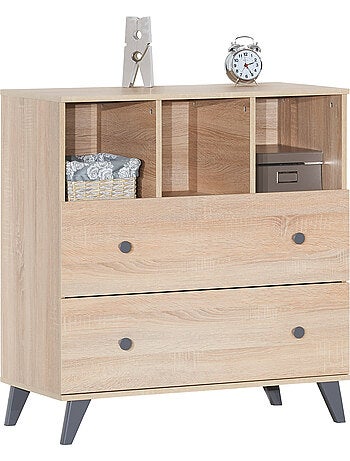Commode à langer 2 tiroirs et 3 niches décor bois chêne - SAUTHON