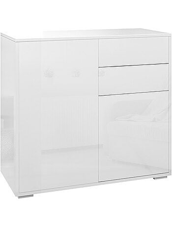 Commode buffet 2 tiroirs 2 portes blanc laqué
