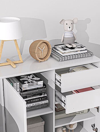 Commode buffet 2 tiroirs 2 portes blanc laqué