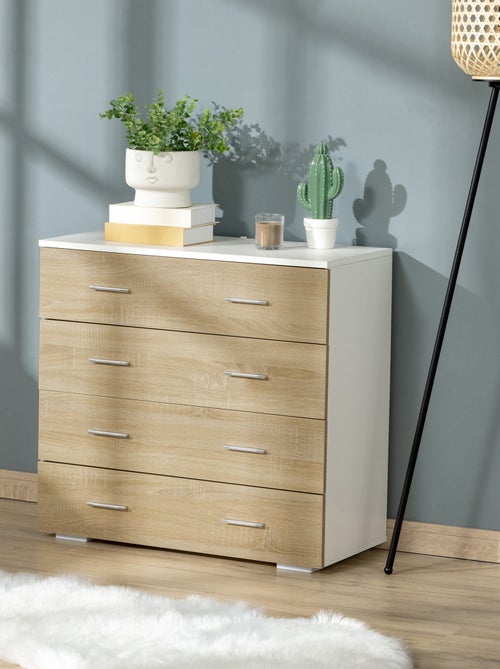 Commode de rangement 4 tiroirs 76 x 35 x 72 cm blanc et couleur bois - Kiabi