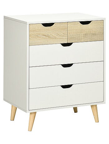 Commode design scandinave 5 tiroirs bois blanc aspect bois clair