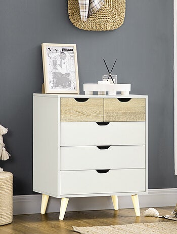 Commode design scandinave 5 tiroirs bois blanc aspect bois clair