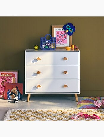 Commode enfant décor bois 3 tiroirs poignées nuage Nephos