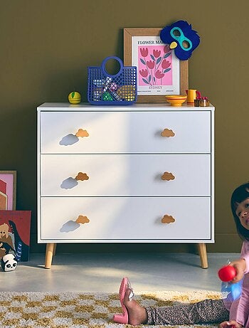 Commode enfant décor bois 3 tiroirs poignées nuage Nephos