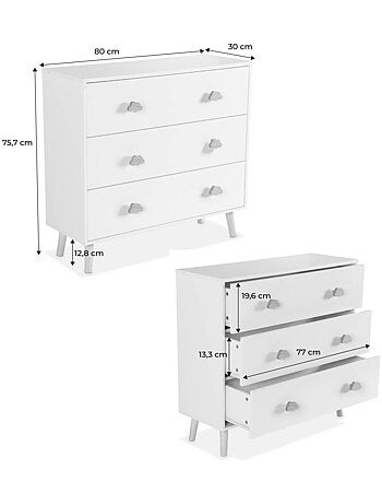 Commode enfant décor bois 3 tiroirs poignées nuage Nephos