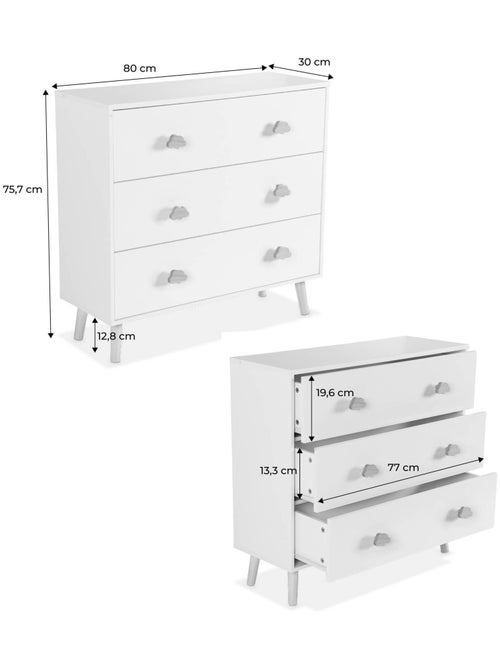 Commode enfant décor bois 3 tiroirs poignées nuage Nephos - Kiabi