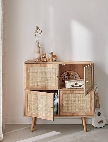 Commode enfant décor bois et cannage 4 portes Bohème