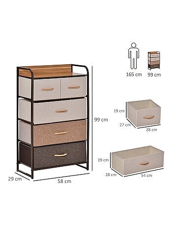 Commode meuble de rangement 5 tiroirs pliables en tissu 58 x 29 x 99 cm
