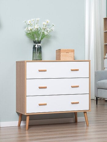 Commode scandinave sur pieds 3 tiroirs blanc aspect bois clair