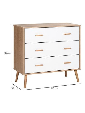 Commode scandinave sur pieds 3 tiroirs blanc aspect bois clair