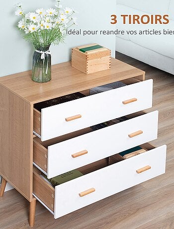 Commode scandinave sur pieds 3 tiroirs blanc aspect bois clair