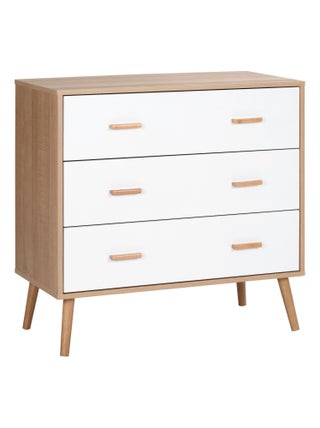 Commode scandinave sur pieds 3 tiroirs blanc aspect bois clair