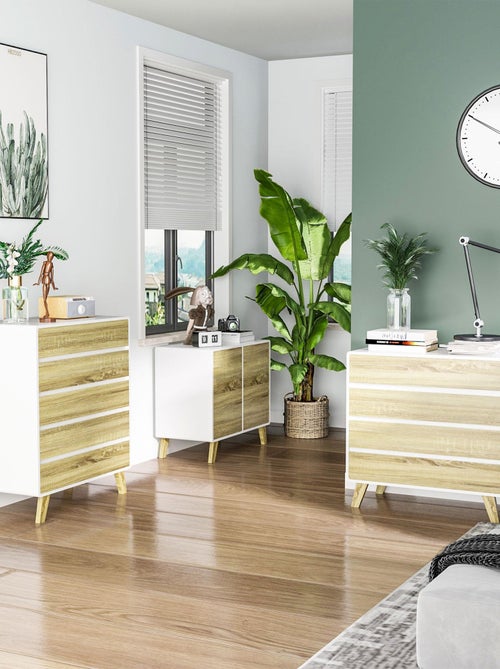 Commode scandinave sur pieds 6 tiroirs blanc aspect chêne clair - Kiabi Commode scandinave sur pieds 6 tiroirs blanc aspect chêne clair - Kiabi