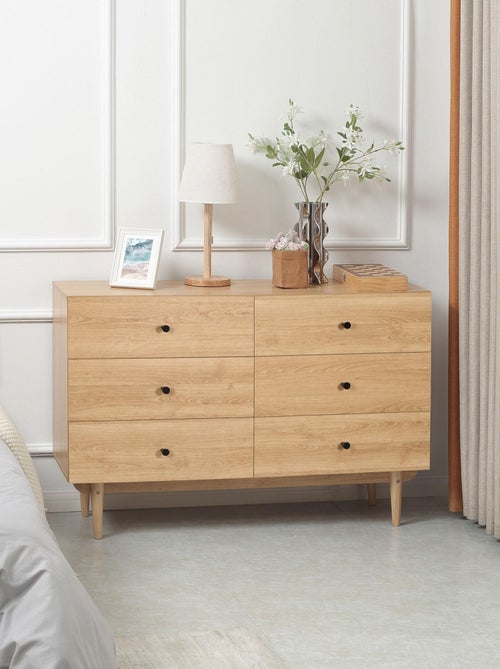 Commode vintage 6 tiroirs piètement bois pin panneaux aspect bois teck - Kiabi