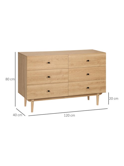 Commode vintage 6 tiroirs piètement bois pin panneaux aspect bois teck - Kiabi