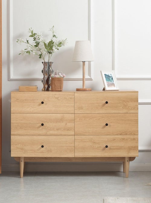 Commode vintage 6 tiroirs piètement bois pin panneaux aspect bois teck - Kiabi