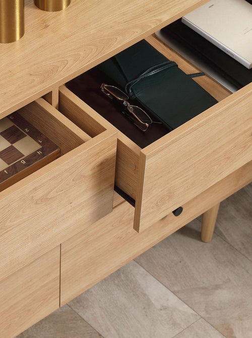 Commode vintage 6 tiroirs piètement bois pin panneaux aspect bois teck - Kiabi