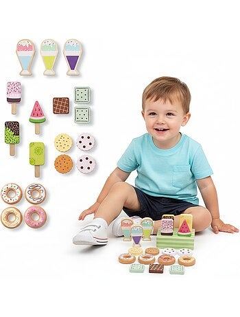 Confiserie bois enfant presentoir 19 pcs glaces beignets biscuits mamabrum