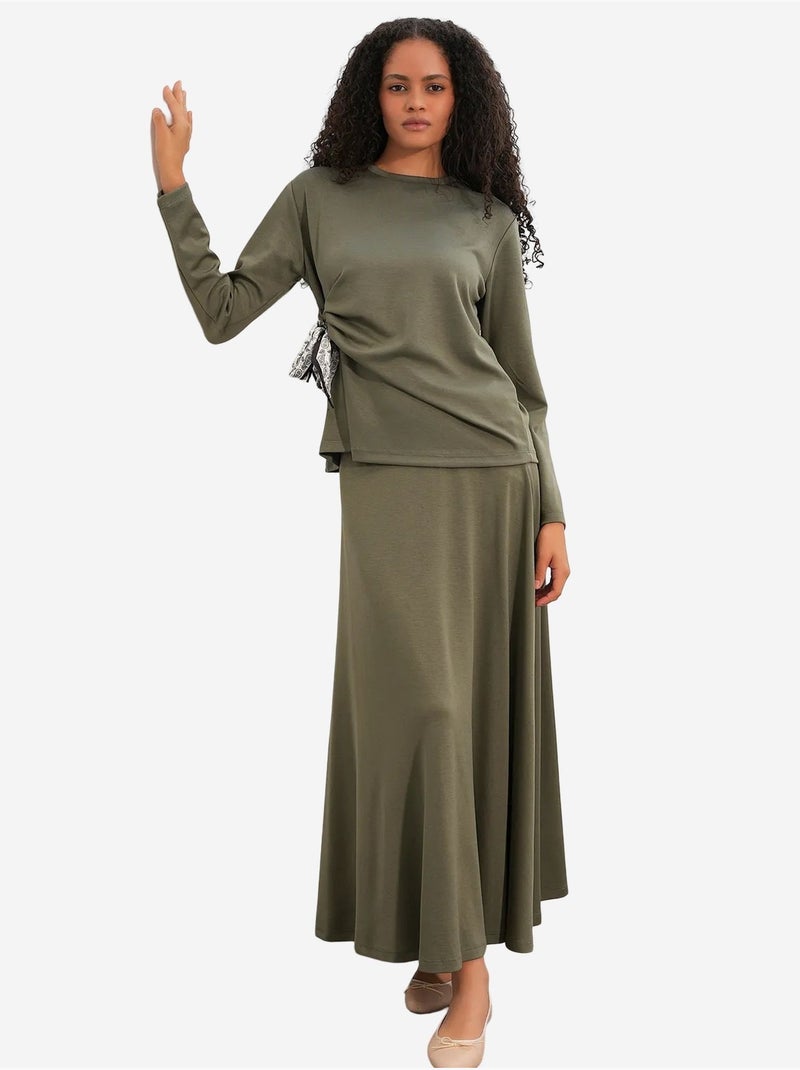 Coordonné blouse manches longues et jupe large bdart Kaki - Kiabi