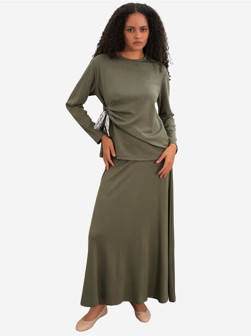 Coordonné blouse manches longues et jupe large bdart Kaki - Kiabi