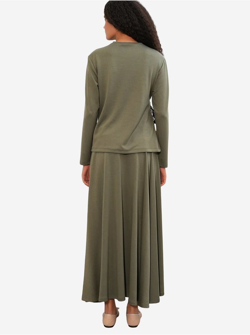 Coordonné blouse manches longues et jupe large bdart Kaki - Kiabi