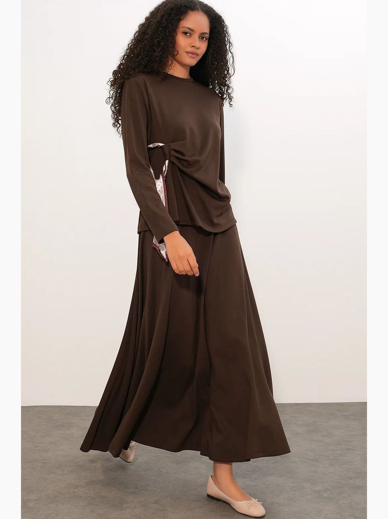 Coordonné blouse manches longues et jupe large bdart Marron chocolat - Kiabi