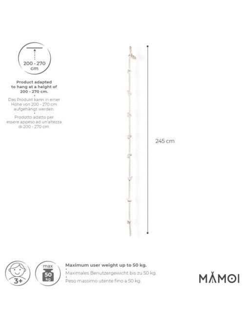 Corde d’escalade enfant  – 245 cm coton 100 % éco, sans métal, charge 50 kg - Kiabi
