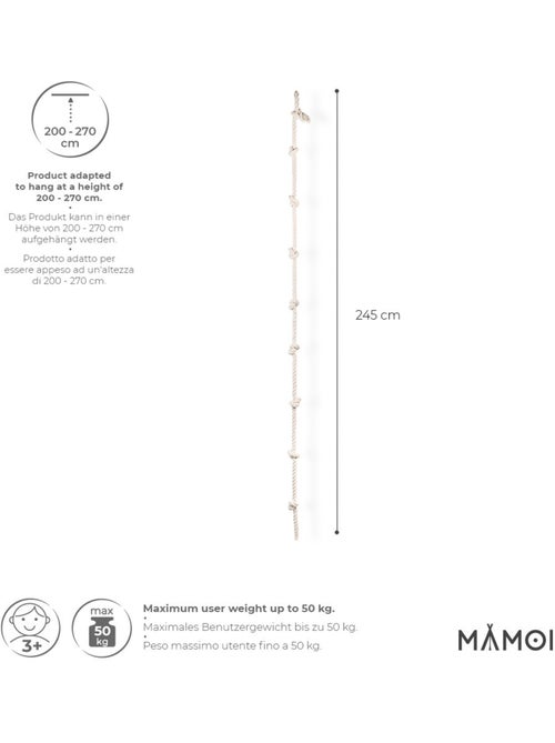 Corde d’escalade enfant MAMOI – 245 cm coton 100 % éco, sans métal, charge 50 kg - Kiabi