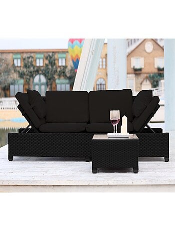 CORFOU Salon de jardin en résine tressée noir