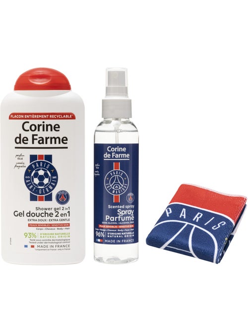 Corine de farme - coffret psg trousse eau parfumée + gel douche 2en1 + serviette - Kiabi Corine de farme - coffret psg trousse eau parfumée + gel douche 2en1 + serviette - Kiabi