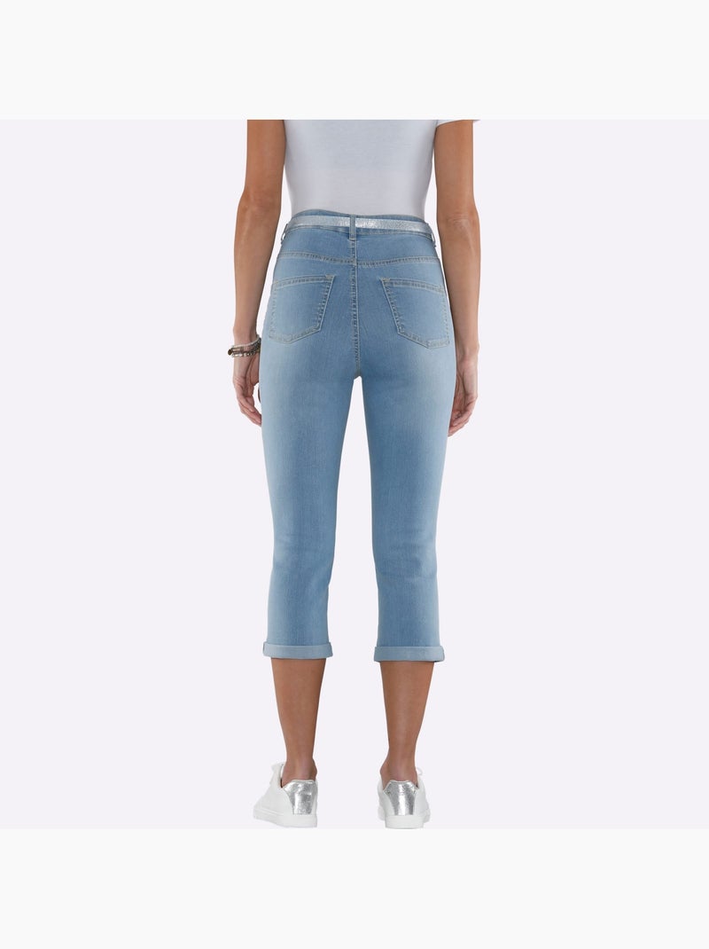 Corsaire en jean avec ceinture gainante et poches pratiques - Taille standard - Moda Vilona Bleu Blanc - Kiabi