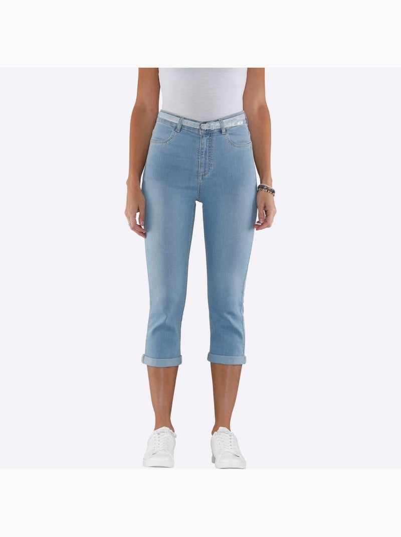 Corsaire en jean avec ceinture gainante et poches pratiques - taille standard - moda vilona Bleu Blanc - Kiabi