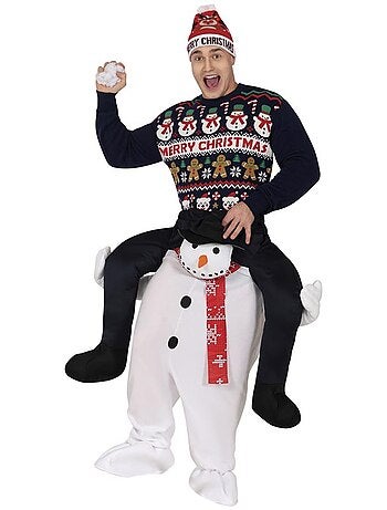 Costume de bonhomme de neige chevauchant un bonhomme de neige