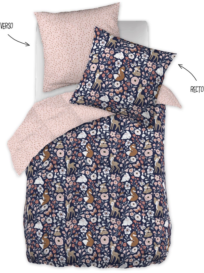 Couette tempérée réversible - + 2 taies - Coton 57 fils - Foret enchantée Rose - Kiabi