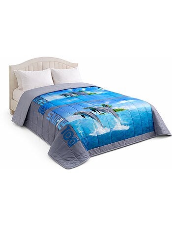 Couette ultra légère imprimée Dauphins / Uni gris - 2 personnes 220 x 240 - spécial été - mortreux