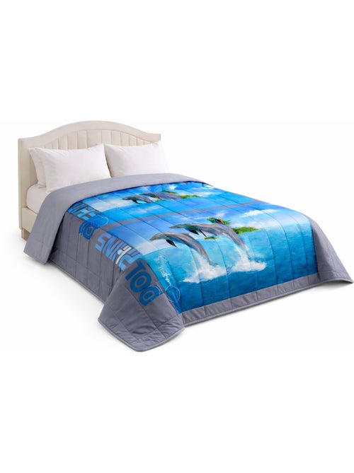 Couette ultra légère imprimée Dauphins / Uni gris  - 2 personnes 220 x 240 - spécial été - mortreux - Kiabi