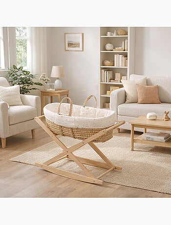 Couffin bébé en fibres naturelles et habillage tissu avec support en pin massif - SAUTHON
