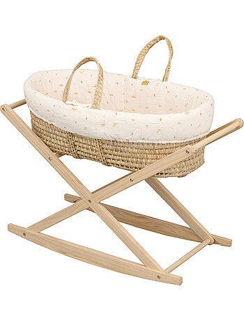 Couffin bébé en fibres naturelles et habillage tissu avec support en pin massif - SAUTHON