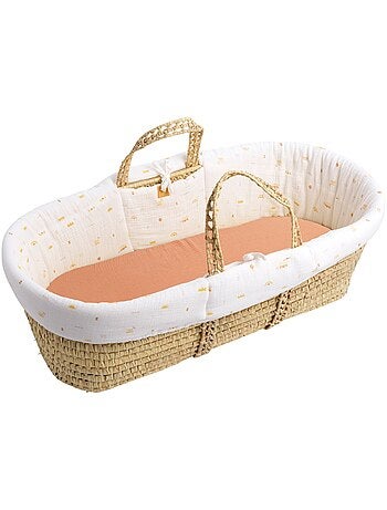 Couffin bébé en fibres naturelles et habillage tissu avec support en pin massif - SAUTHON